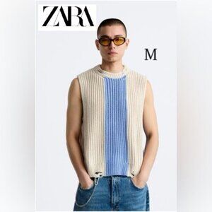 Zara - Men’s Ripped Knit Cropped fit vest with ripped effect - Ecru. Size:M (US)